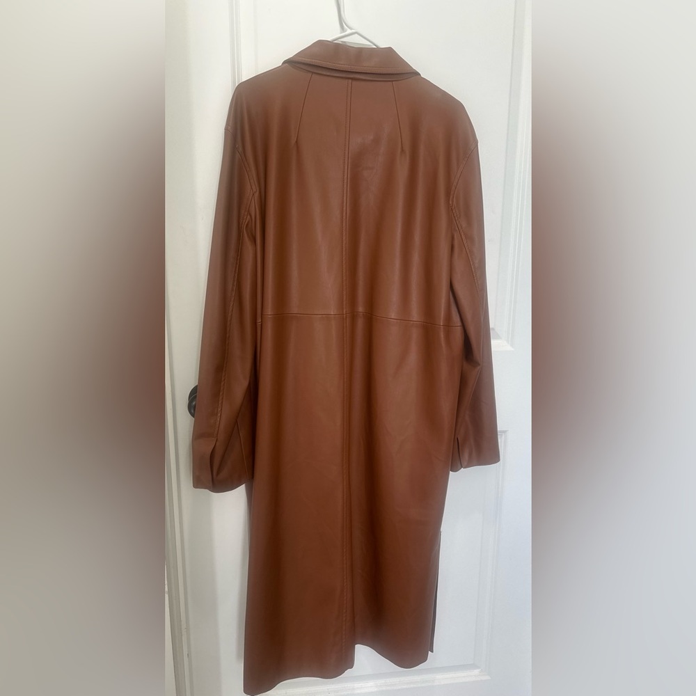 ZARA Faux Leather Long Coat Brown Womens XL Chic Minimalist Trench Jacket - Picture 3 of 5